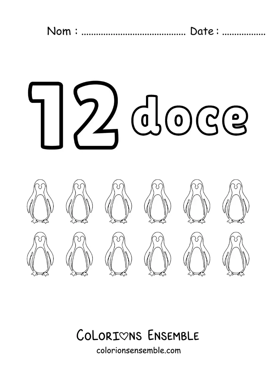 Image a colorier d’une fiche du chiffre 12 pour apprendre a compter avec des dessins amusants