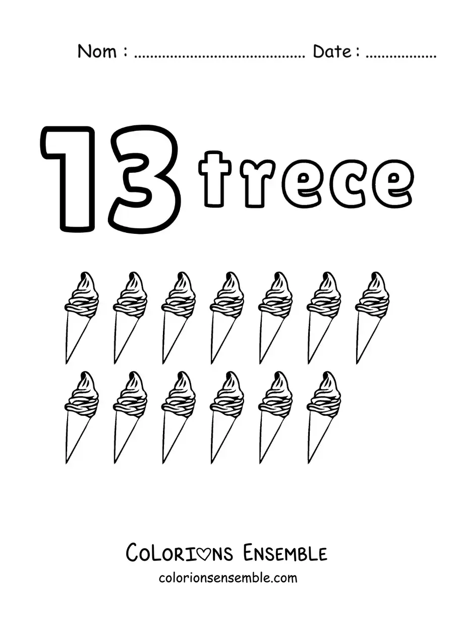 Image a colorier d’une fiche du chiffre 13 pour apprendre a compter avec des dessins amusants