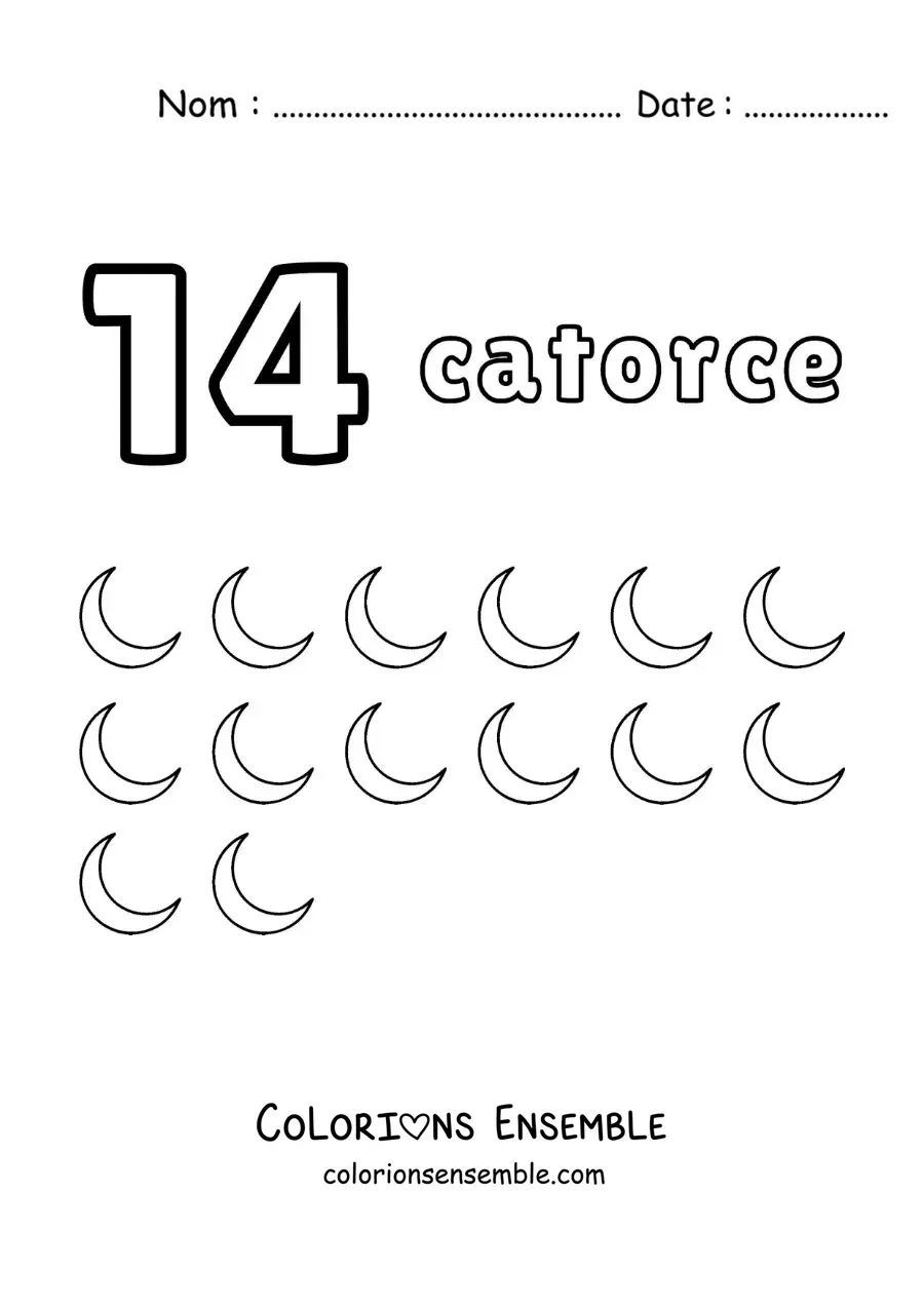 Image a colorier d’une fiche du chiffre 14 pour apprendre a compter avec des dessins amusants