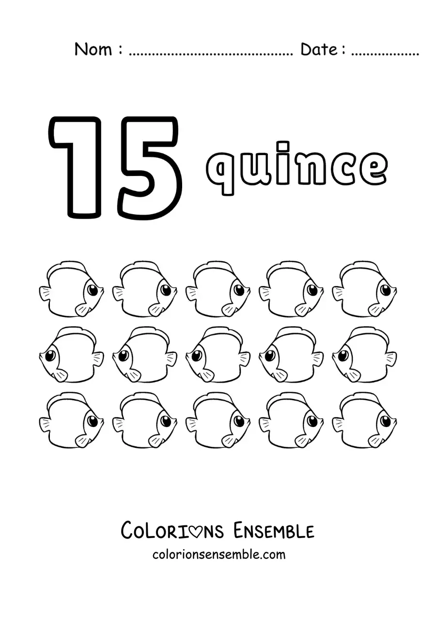 Image à colorier d'une fiche du nombre 15 pour apprendre à compter avec de jolis dessins amusants