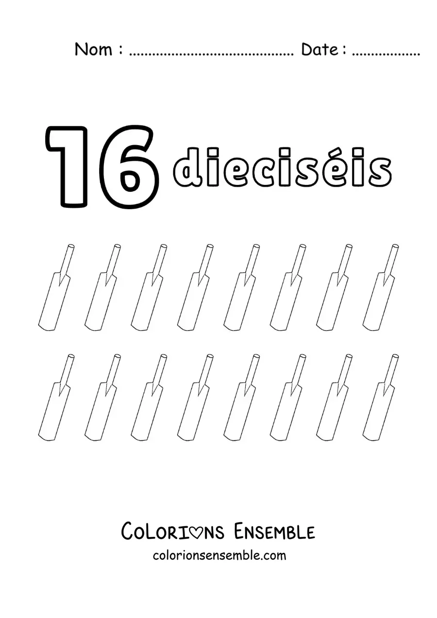 Image à colorier d'une fiche du nombre 16 pour apprendre à compter avec de jolis dessins amusants