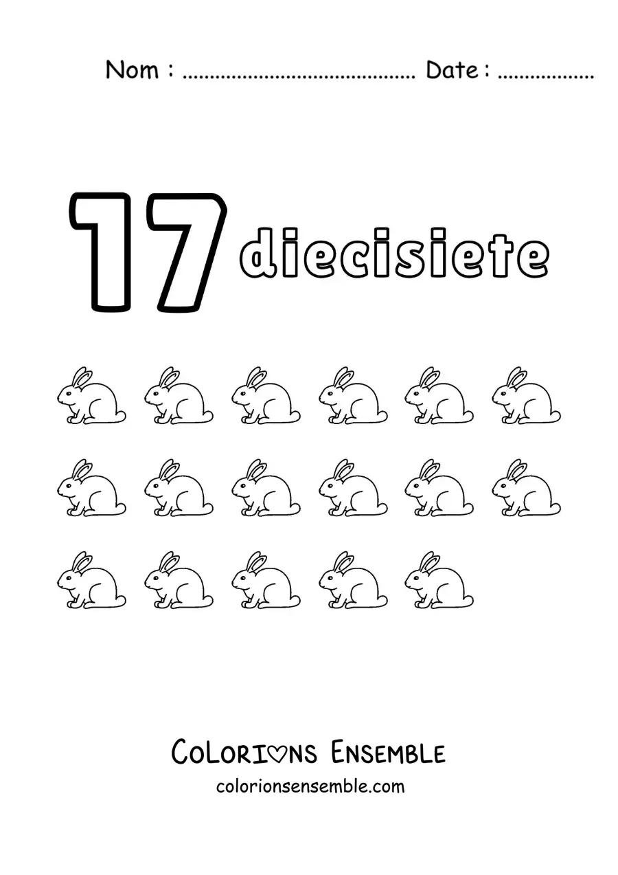 Image à colorier d'une fiche du nombre 17 pour apprendre à compter avec de jolis dessins amusants