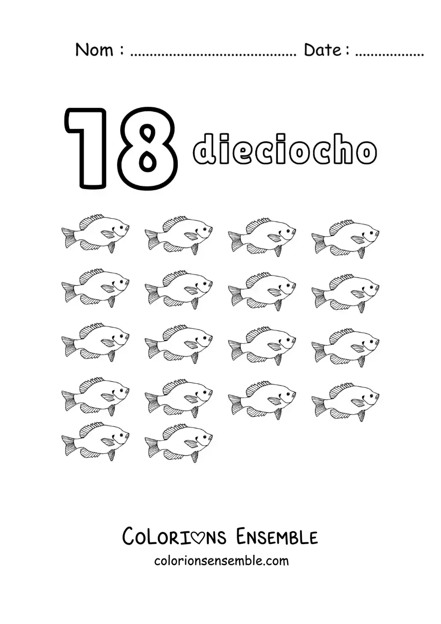 Image à colorier d'une fiche du nombre 18 pour apprendre à compter avec de jolis dessins amusants