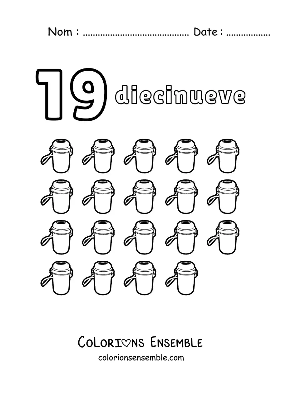 Image à colorier d'une fiche du nombre 19 pour apprendre à compter avec de jolis dessins amusants