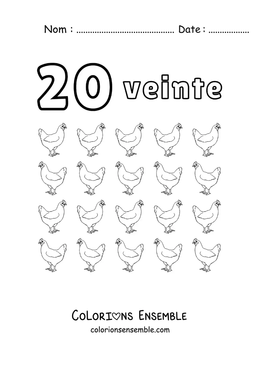 Image à colorier d'une fiche du nombre 20 pour apprendre à compter avec de jolis dessins amusants