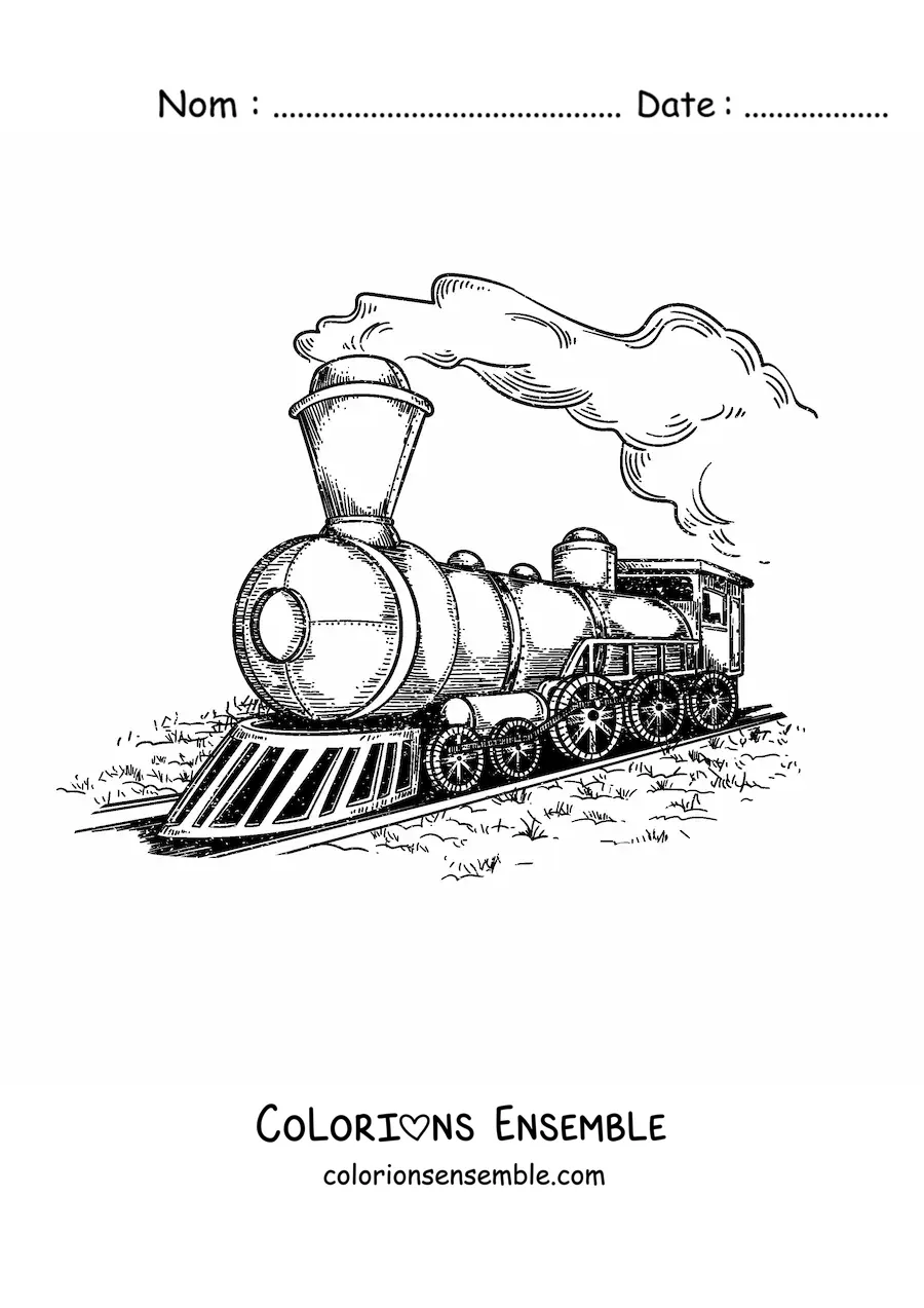 Image à colorier d'une locomotive ancienne en mouvement