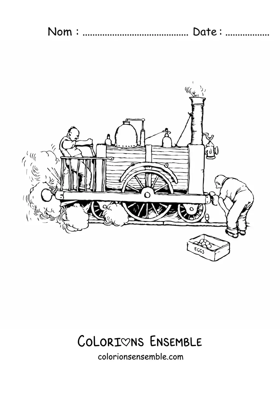 Image à colorier de deux hommes essayant une locomotive ancienne