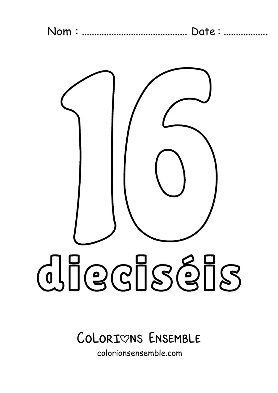Image à colorier d'une fiche du 16 pour apprendre les nombres naturels
