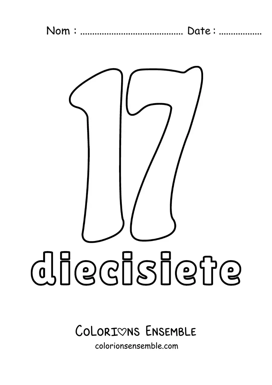 Image à colorier d'une fiche du 17 pour apprendre les nombres naturels