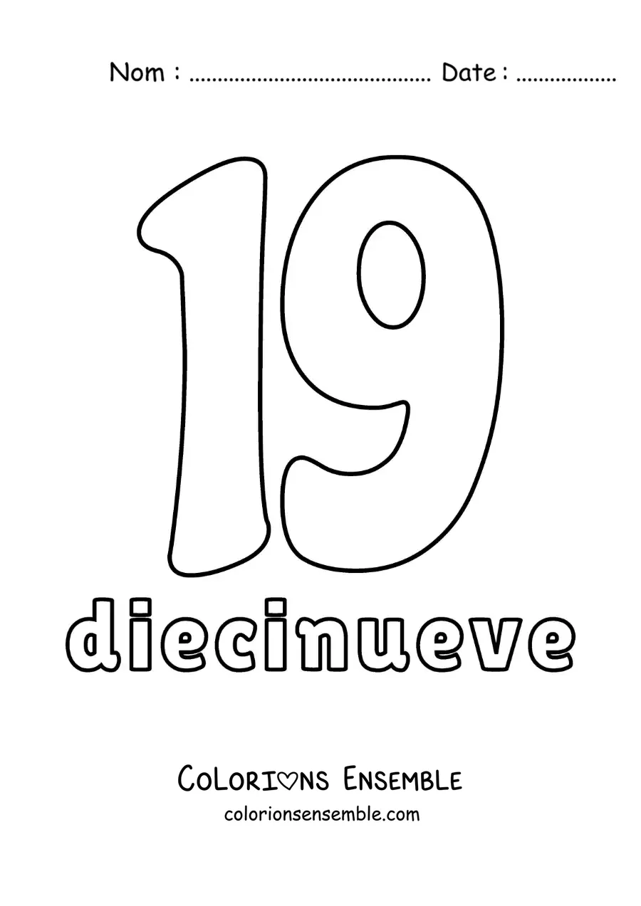 Image à colorier d'une fiche du 19 pour apprendre les nombres naturels