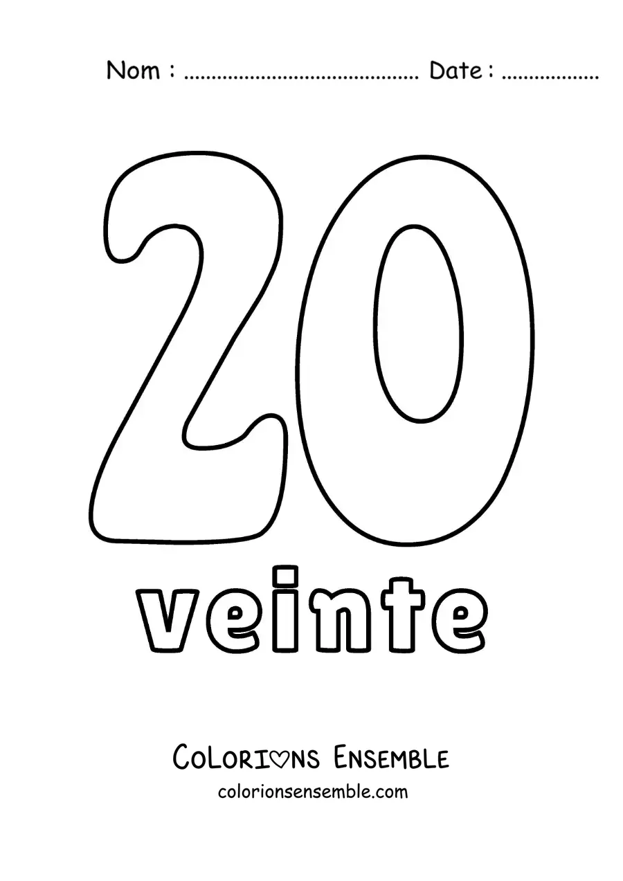 Image à colorier d'une fiche du 20 pour apprendre les nombres naturels