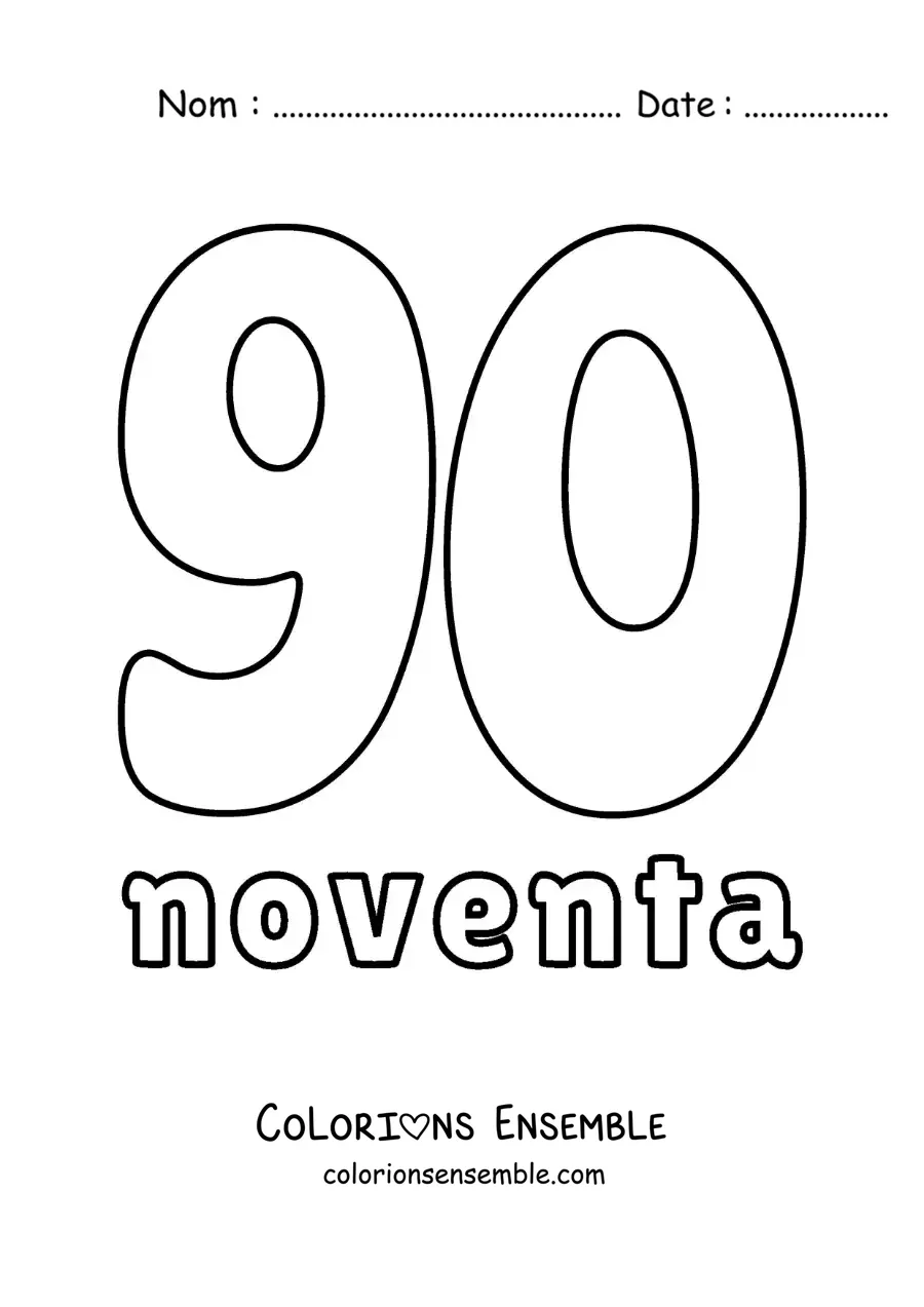 Image à colorier d'une fiche du 90 pour apprendre les nombres naturels