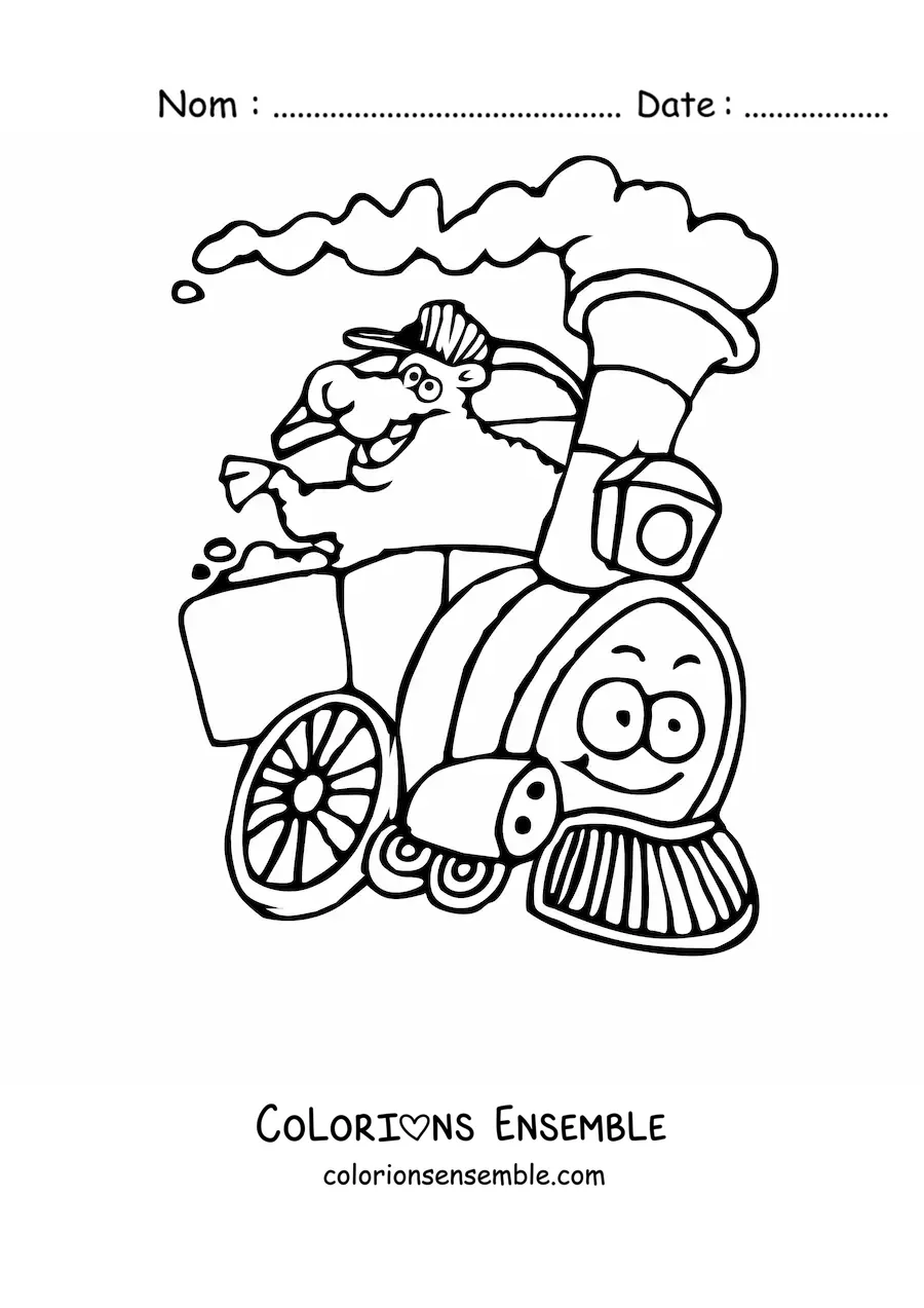Image à colorier d'un mouton animé dans un train