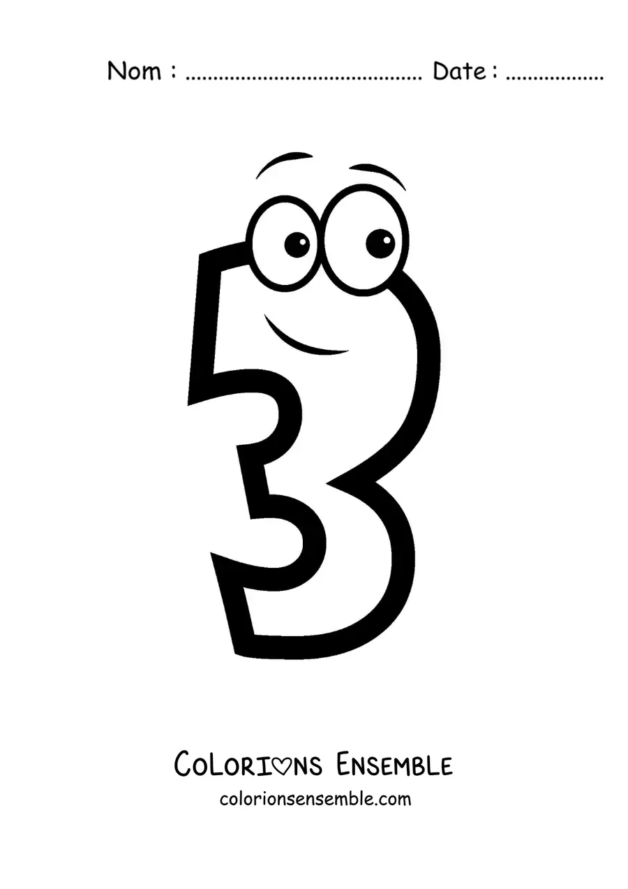 Image à colorier du chiffre 3 animé pour les enfants