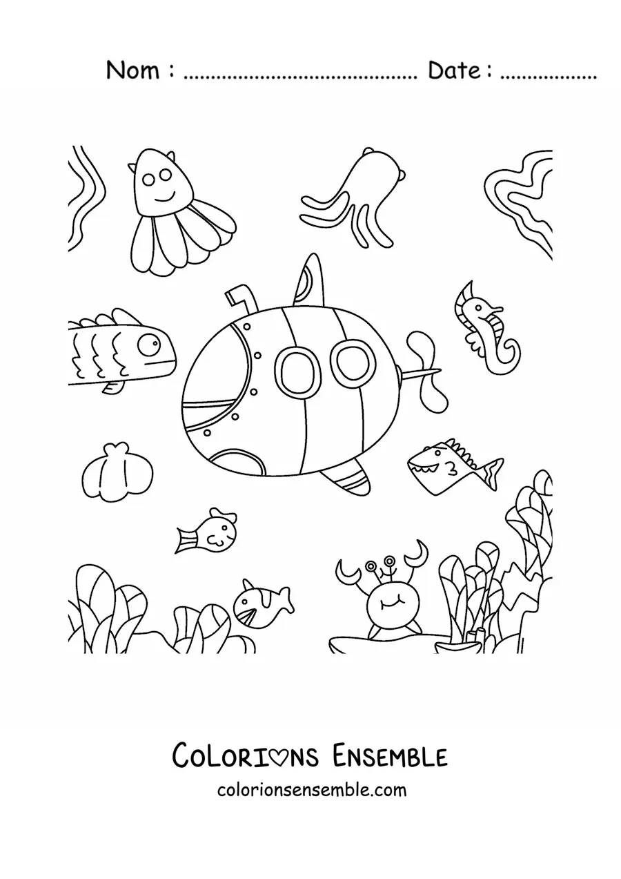 Image à colorier d'un sous-marin entouré de poissons animés