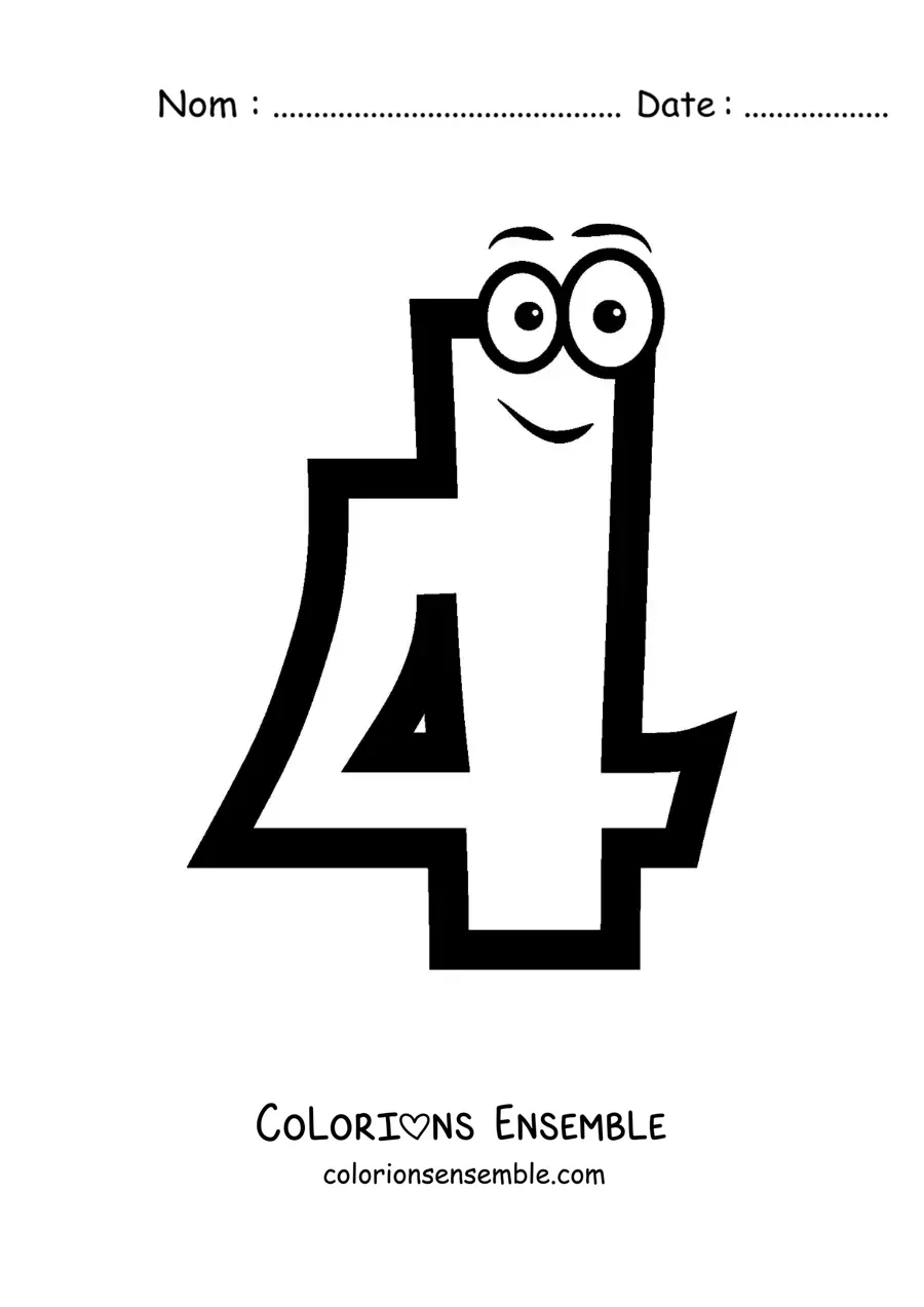 Image à colorier du chiffre 4 animé pour les enfants