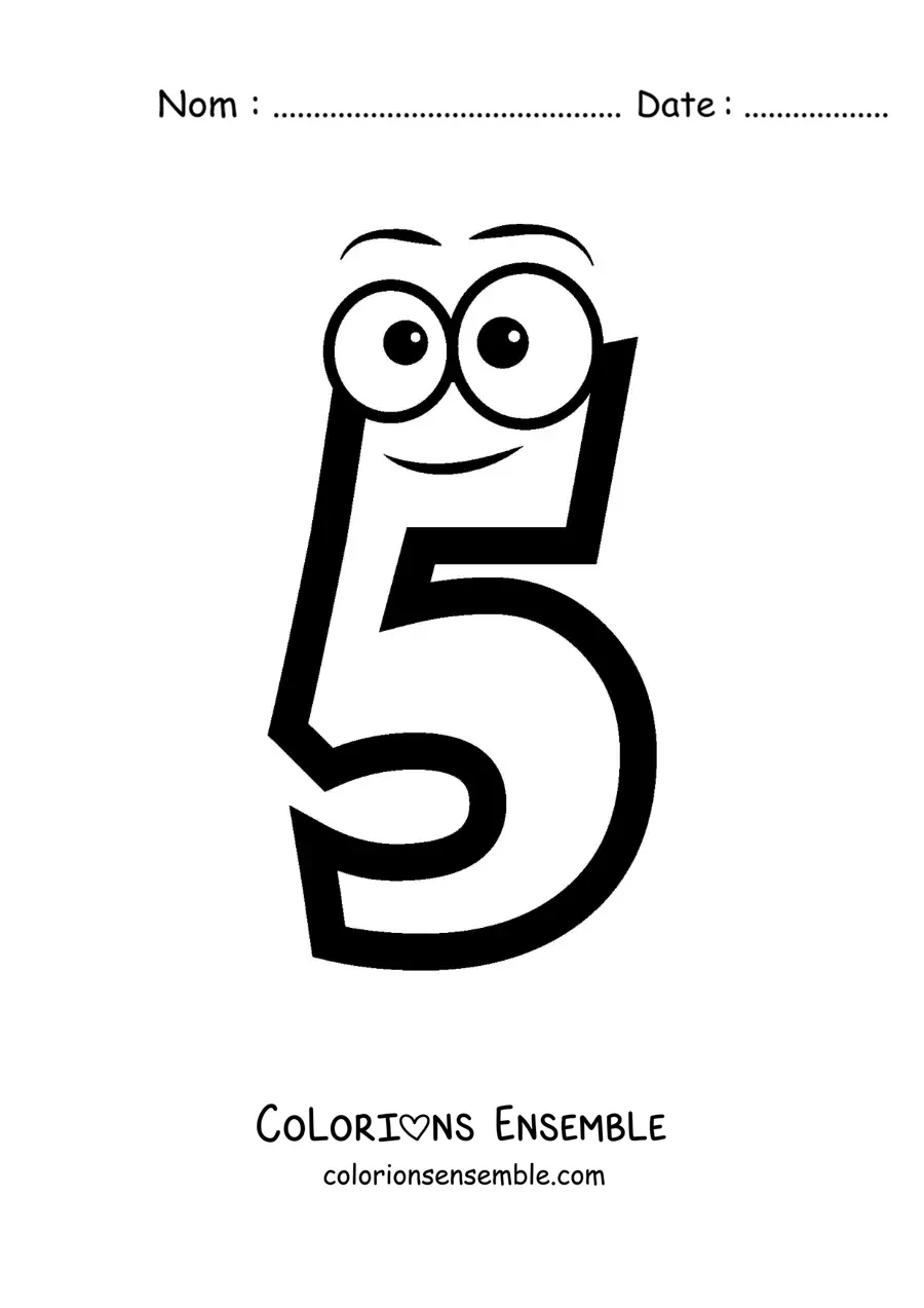 Image à colorier du chiffre 5 animé pour les enfants