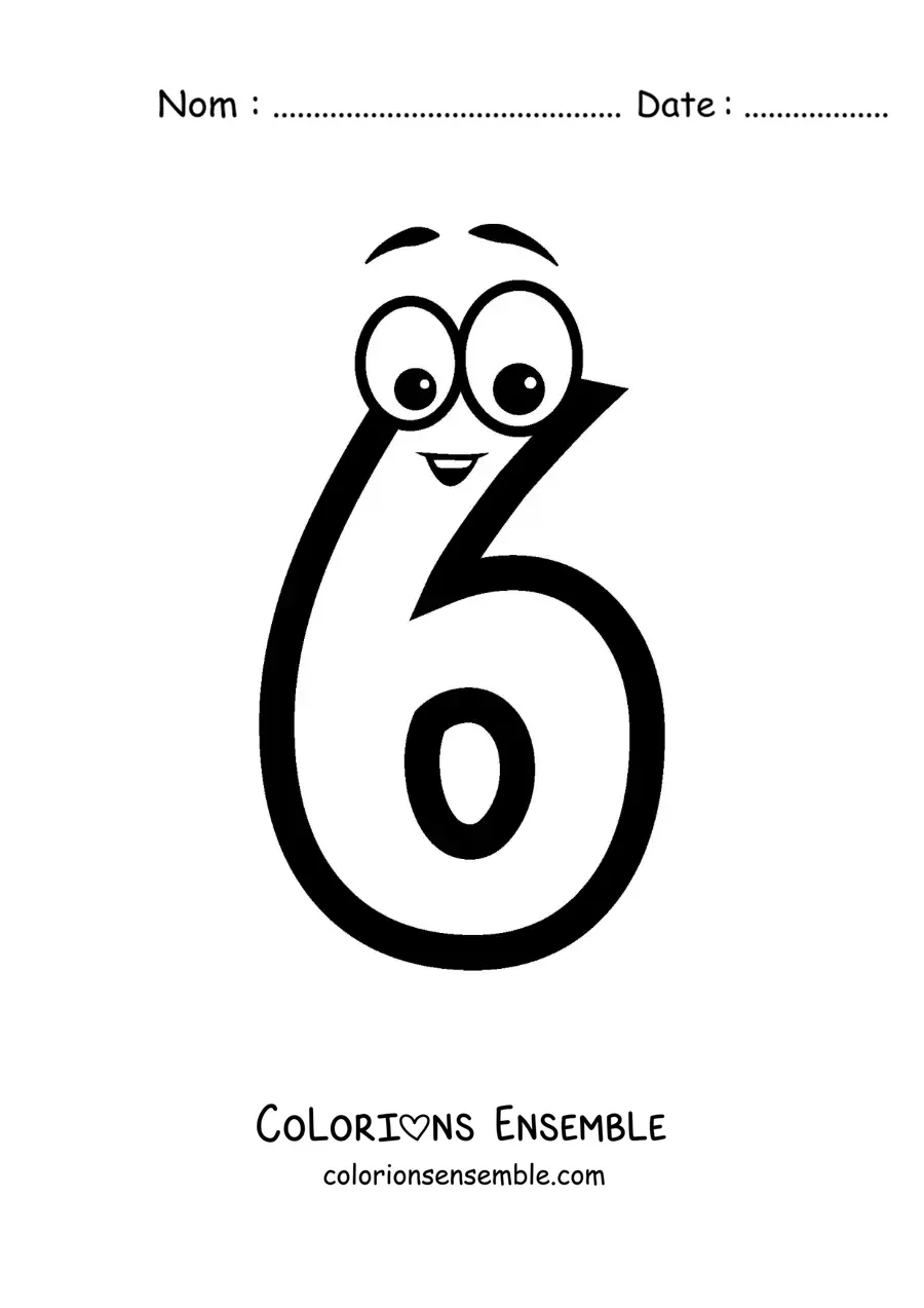 Image à colorier du chiffre 6 animé pour les enfants