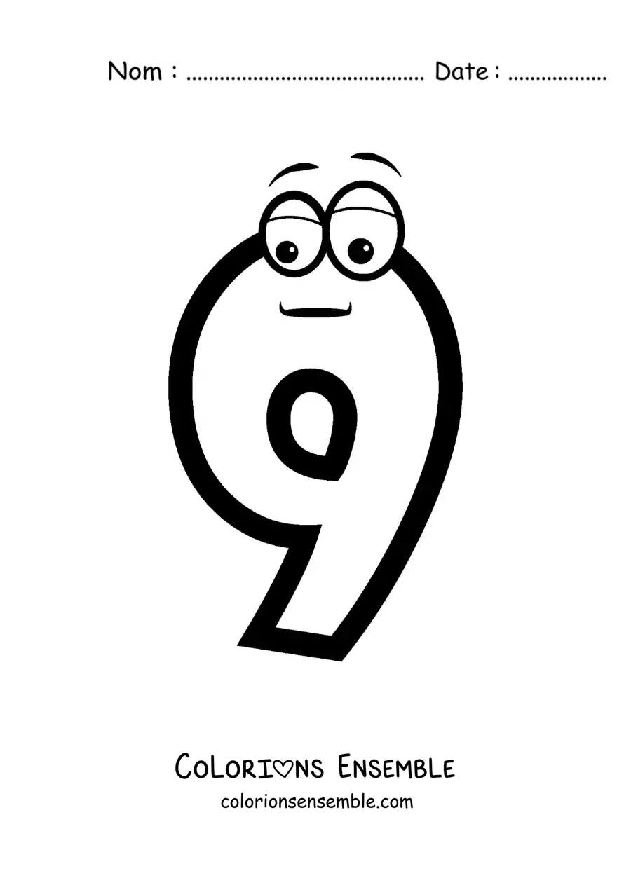 Image à colorier du chiffre 9 animé pour les enfants
