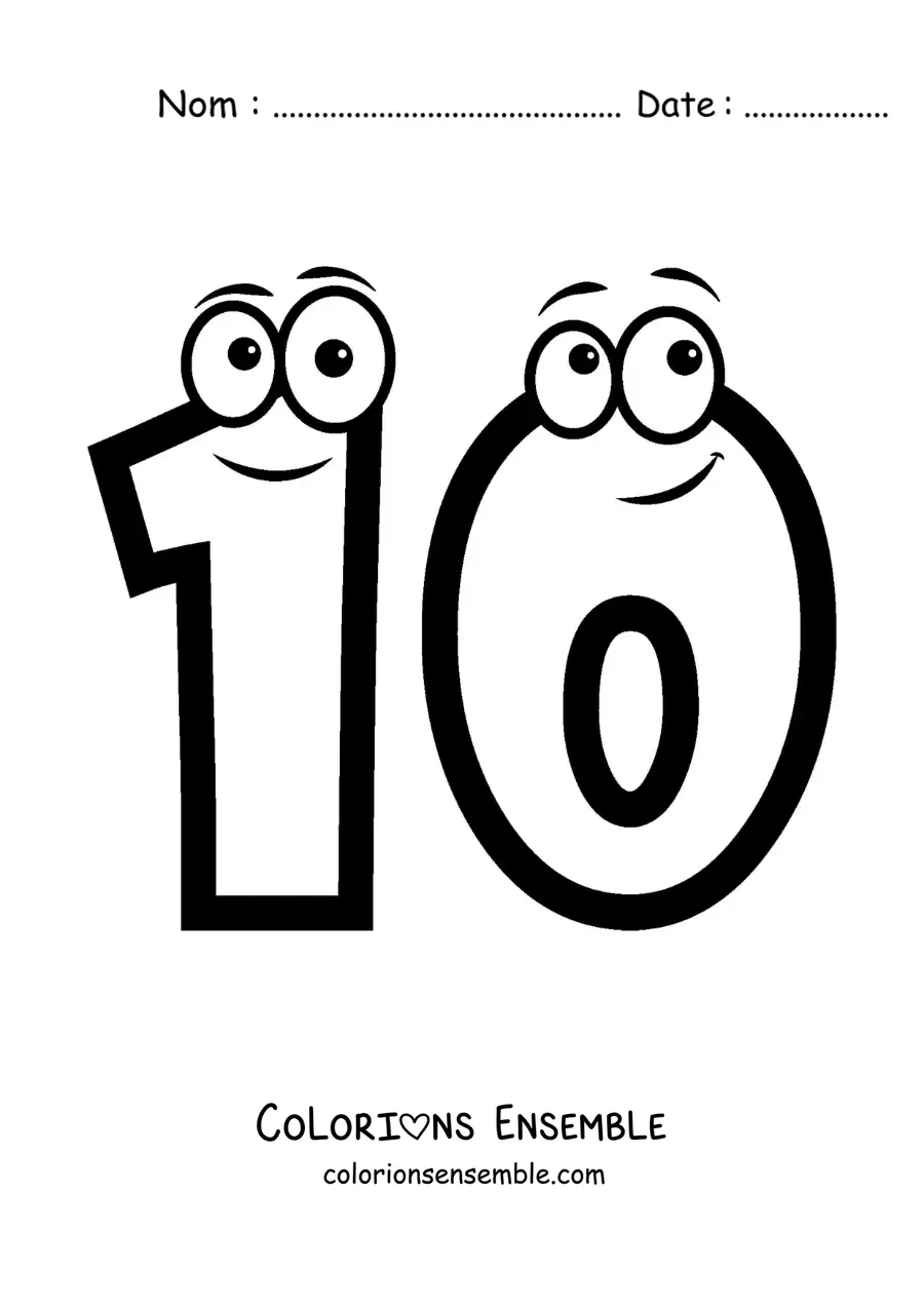 Image à colorier du chiffre 10 animé pour les enfants