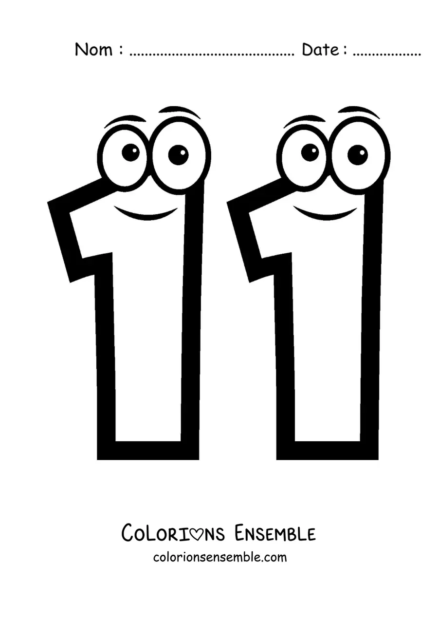 Image à colorier du chiffre 11 animé pour les enfants