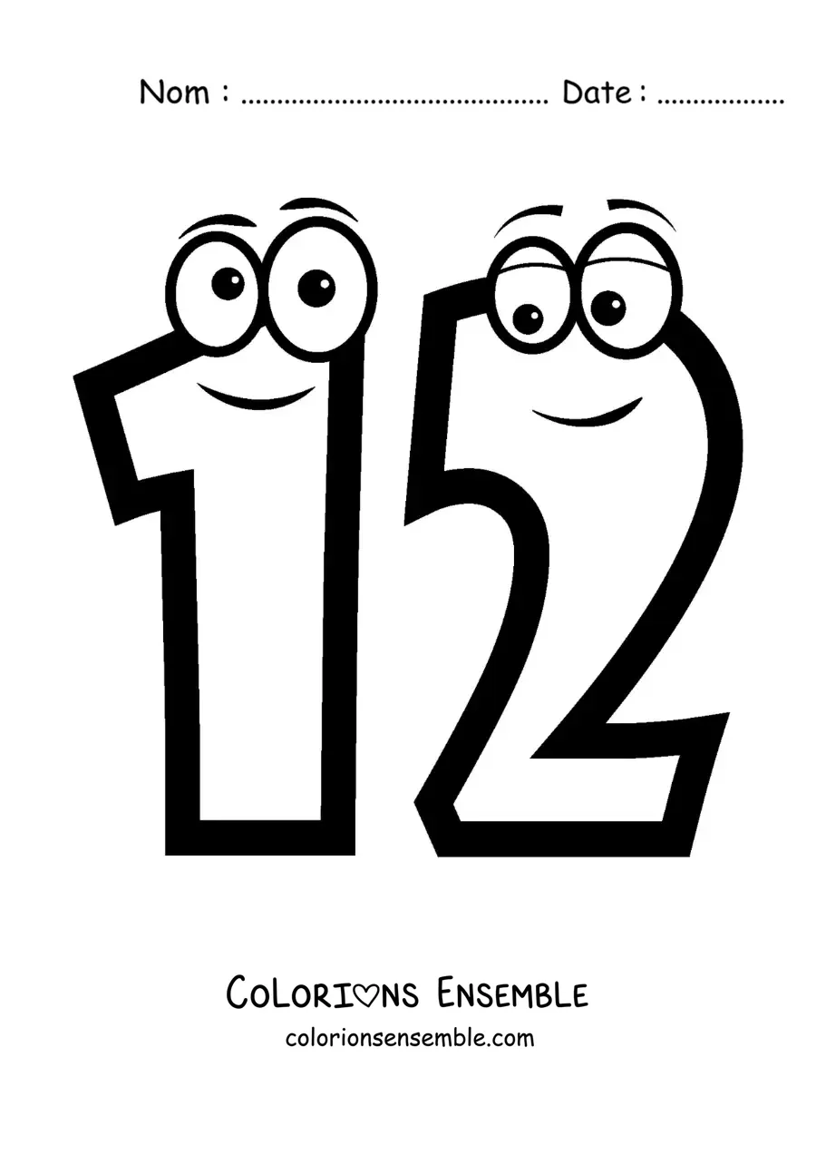 Image à colorier du chiffre 12 animé pour les enfants
