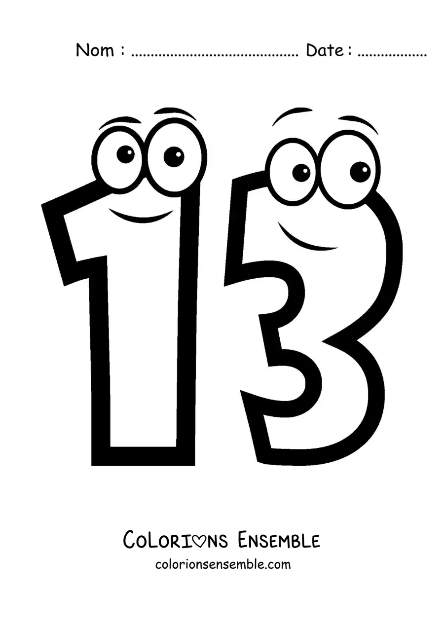 Image à colorier du chiffre 13 animé pour les enfants