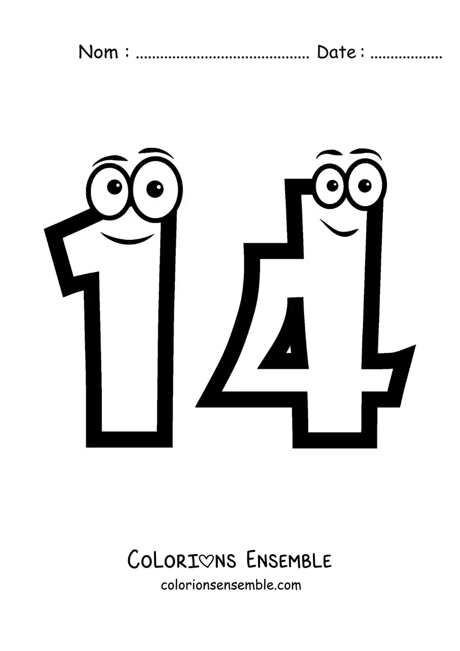 Image à colorier du chiffre 14 animé pour les enfants