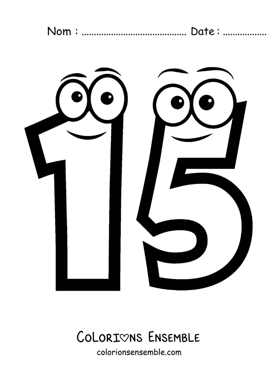 Image à colorier du chiffre 15 animé pour les enfants
