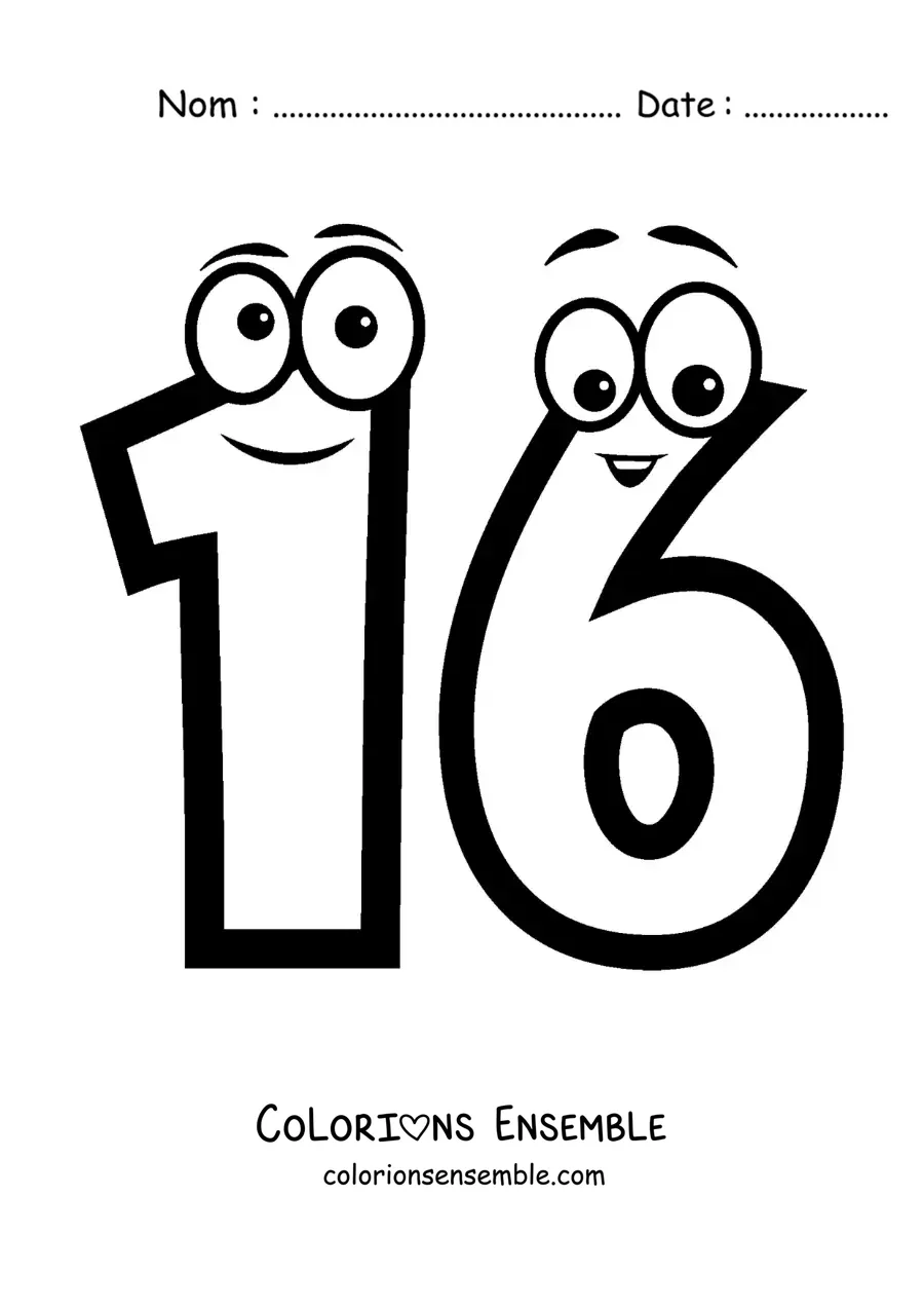 Image à colorier du chiffre 16 animé pour les enfants