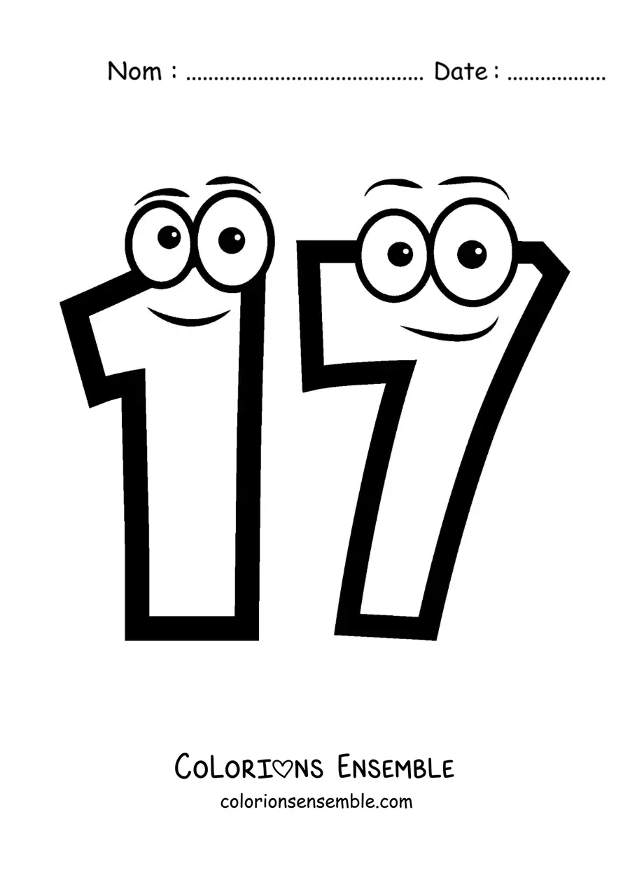 Image à colorier du chiffre 17 animé pour les enfants