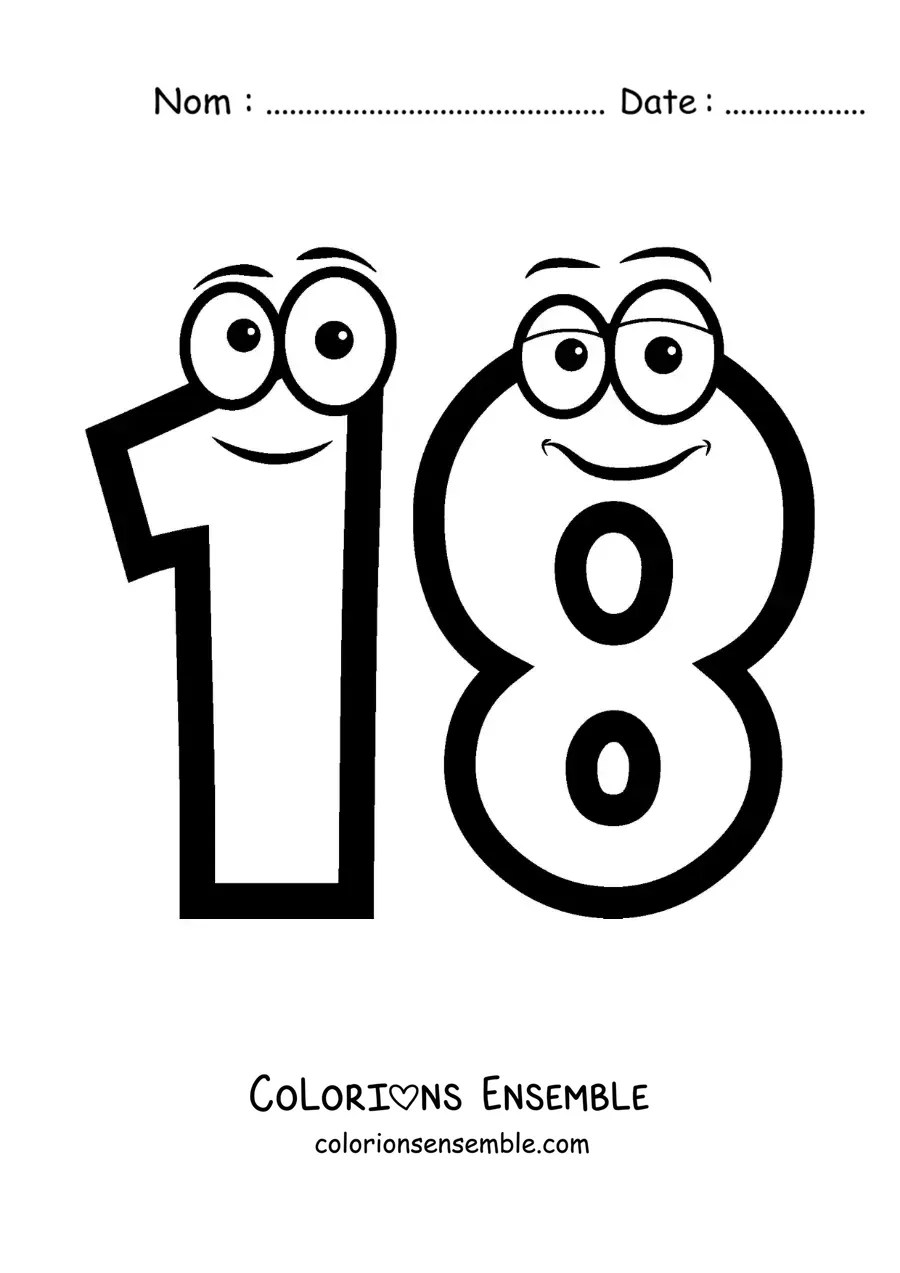 Image à colorier du chiffre 18 animé pour les enfants