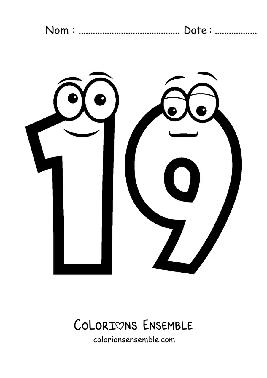 Image à colorier du chiffre 19 animé pour les enfants
