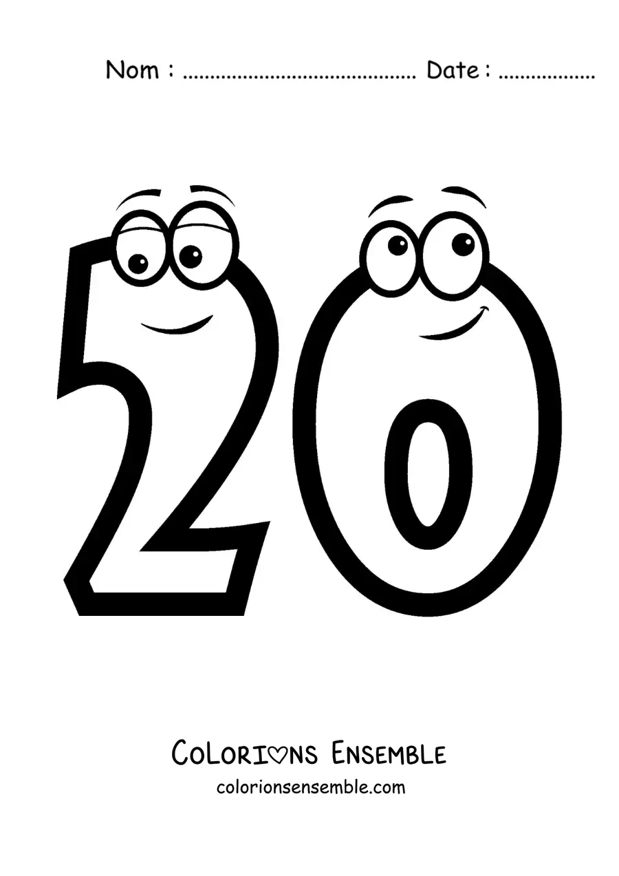 Image à colorier du chiffre 20 animé pour les enfants