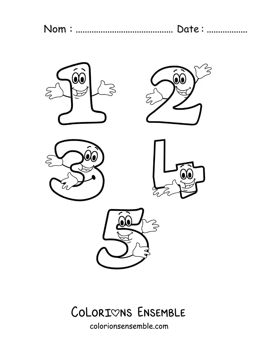 Image à colorier des chiffres de 1 à 5 animés pour les enfants