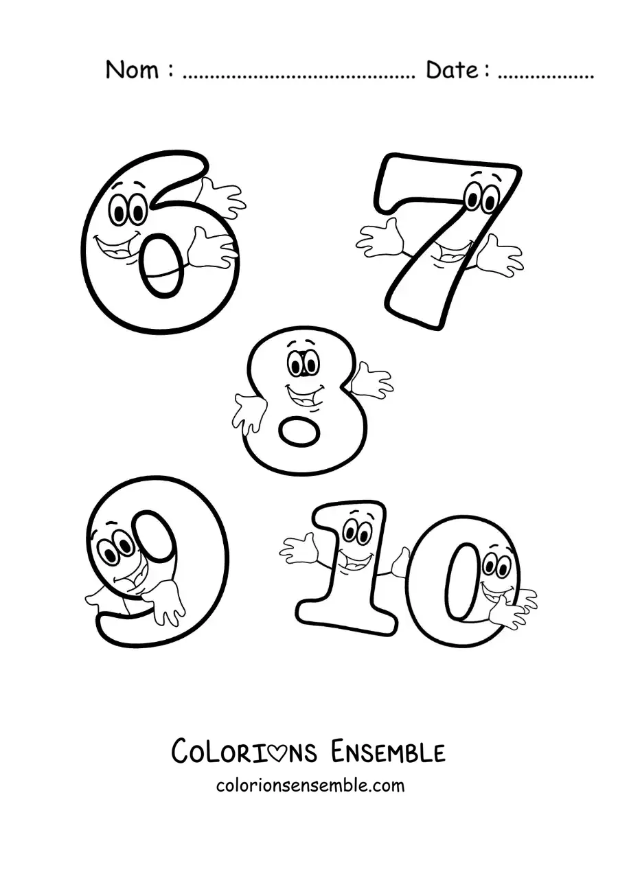 Image à colorier des chiffres de 6 à 10 animés pour les enfants