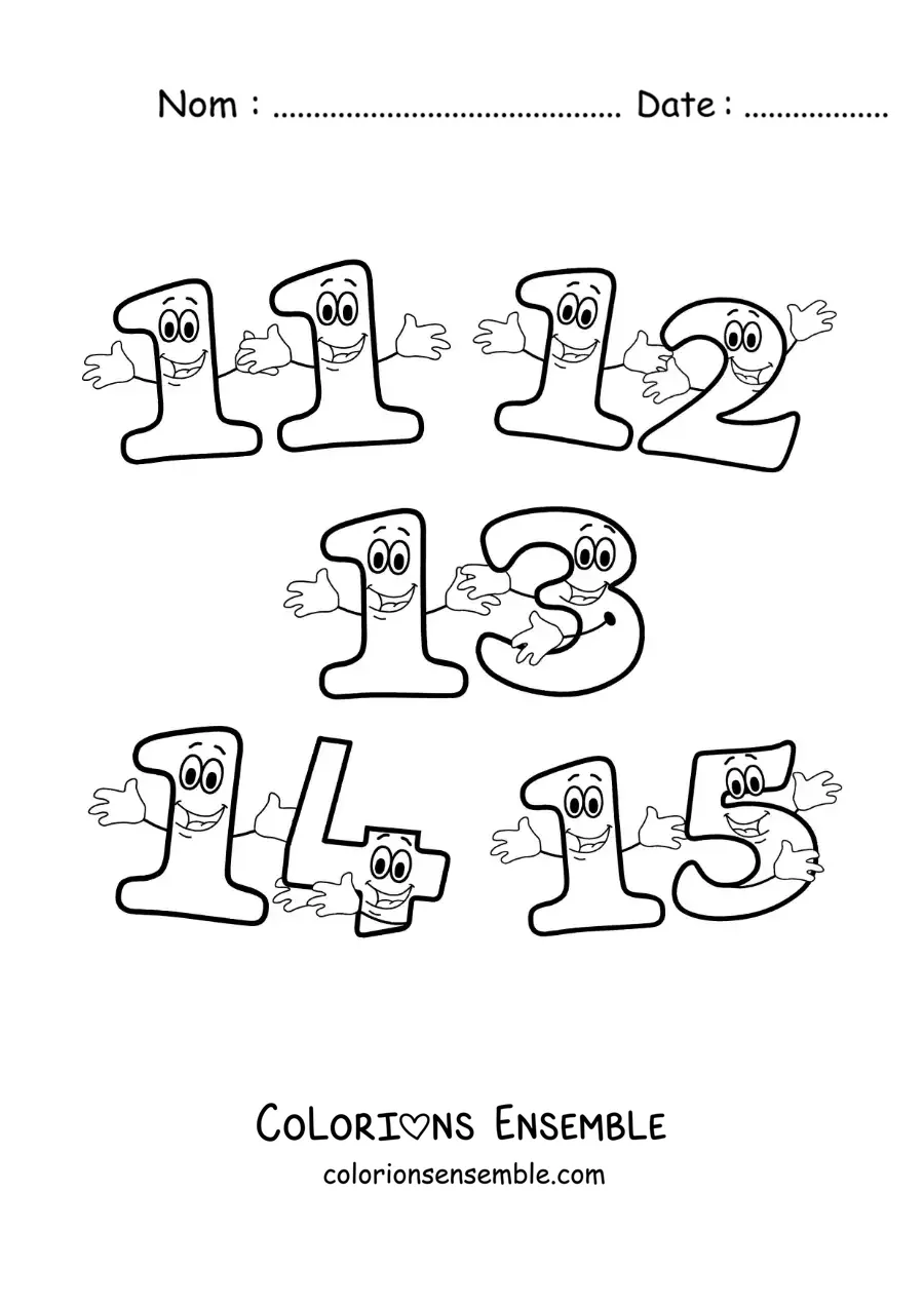 Image à colorier des chiffres de 11 à 15 animés pour les enfants