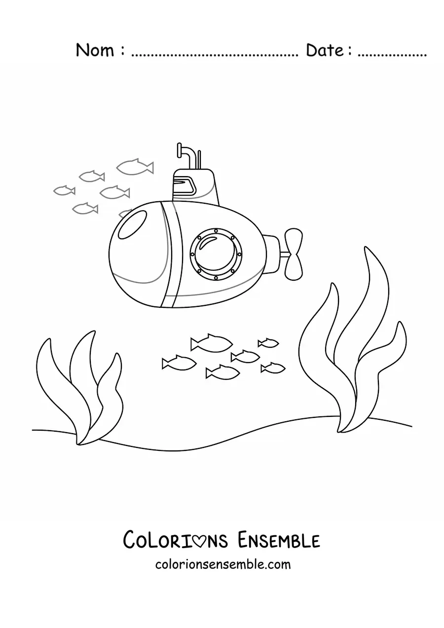 Image à colorier d'un sous-marin animé au fond de la mer