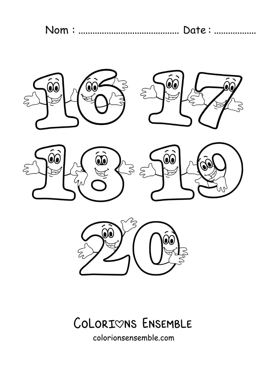 Image à colorier des chiffres de 16 à 20 animés pour les enfants