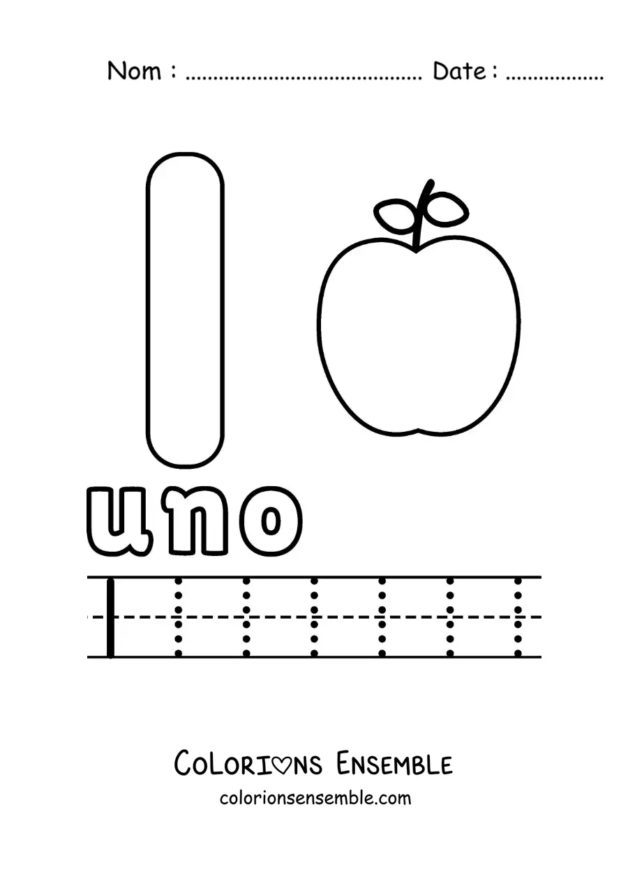 Image à colorier du chiffre 1 avec des objets pour apprendre à compter et à tracer