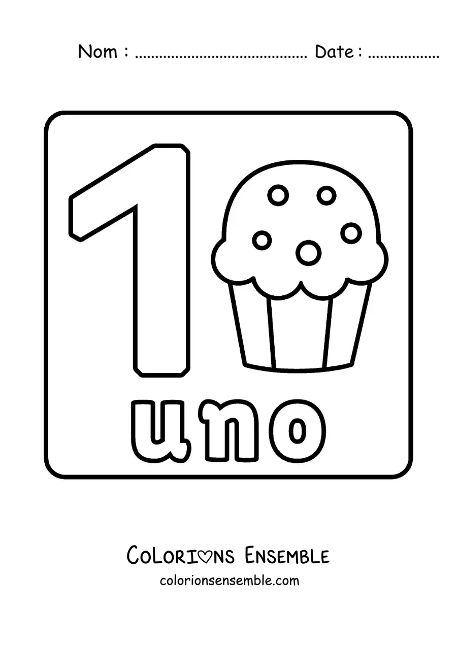 Image à colorier du chiffre 1 avec des objets pour apprendre à compter