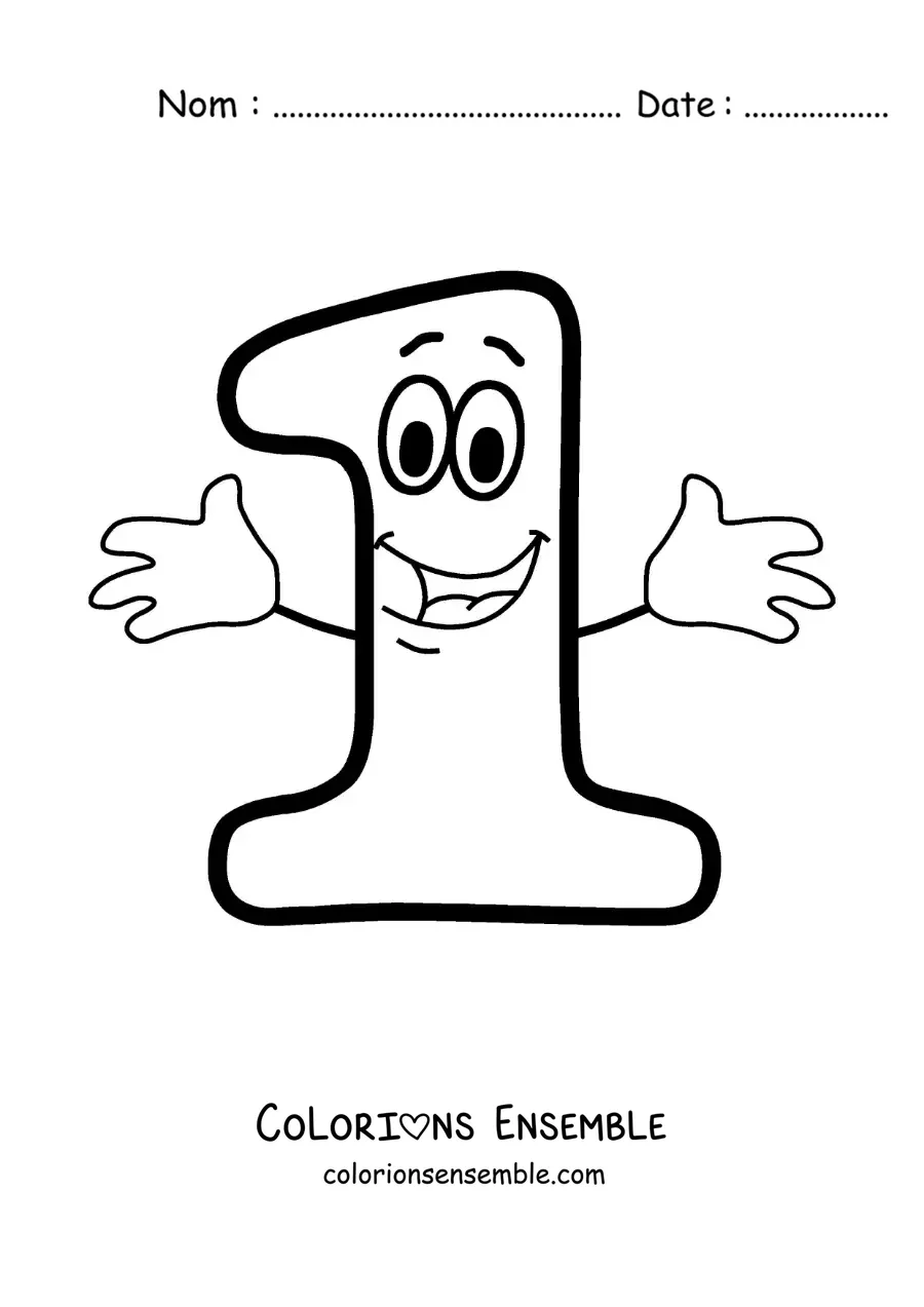 Image à colorier du chiffre 1 animé en train de danser pour les enfants