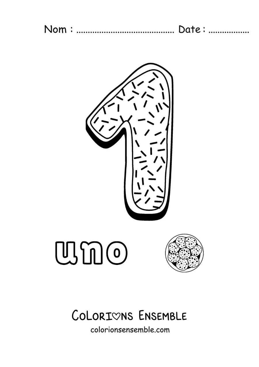 Image à colorier du chiffre 1 animé en forme de biscuit avec des objets à compter