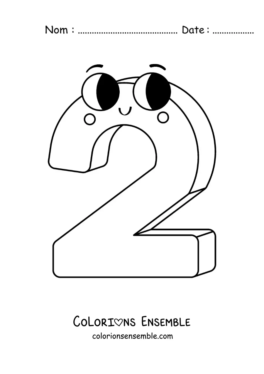Image à colorier du chiffre 2 animé pour les enfants