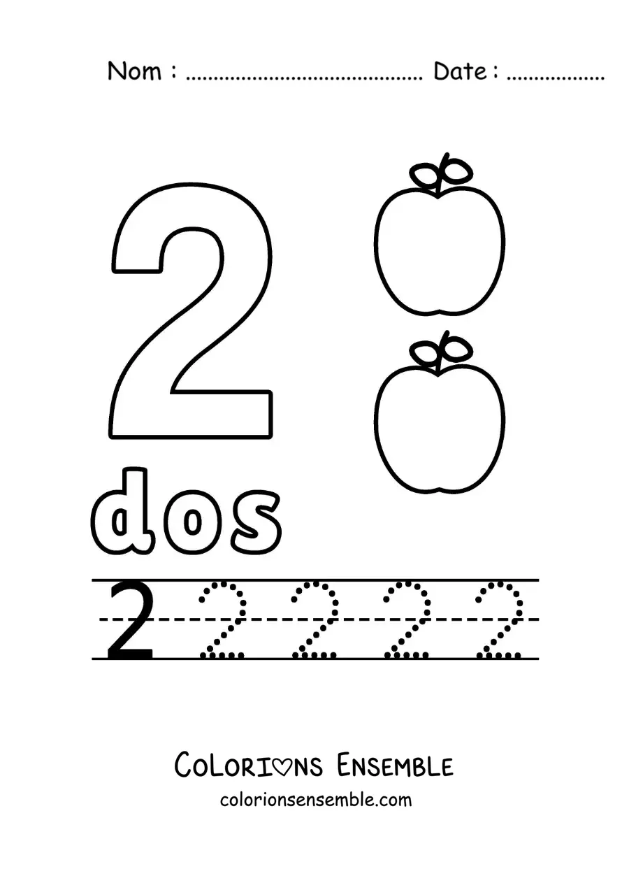 Image à colorier du chiffre 2 avec des objets pour apprendre à compter et à tracer