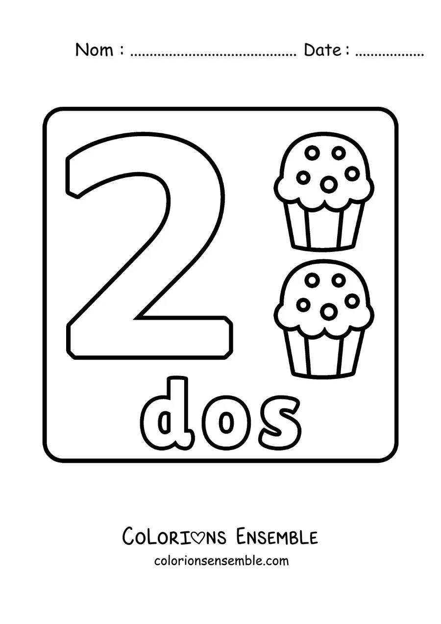 Image à colorier du chiffre 2 avec des objets pour apprendre à compter