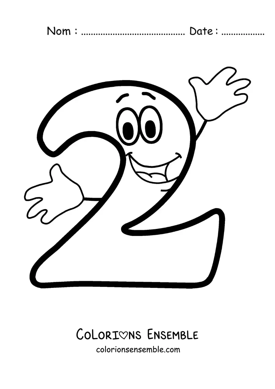 Image à colorier du chiffre 2 animé en train de danser pour les enfants