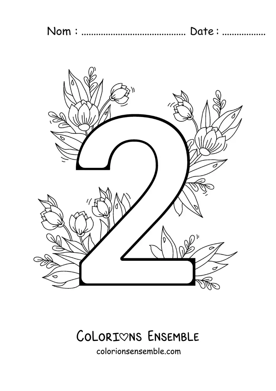 Image à colorier du chiffre 2 décoré de fleurs