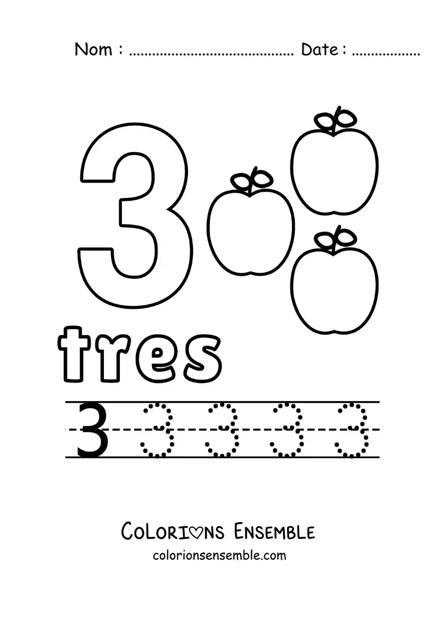 Image à colorier du chiffre 3 avec des objets pour apprendre à compter et à tracer