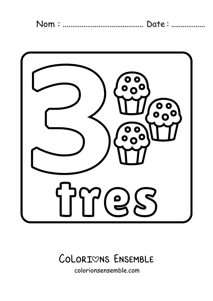 Image à colorier du chiffre 3 avec des objets pour apprendre à compter